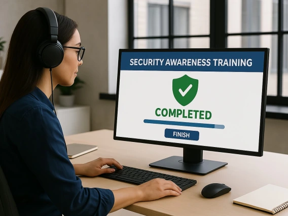Woman at computer completing training