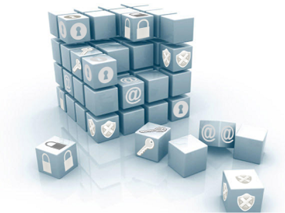 Building blocks with computer security related icons on the blocks