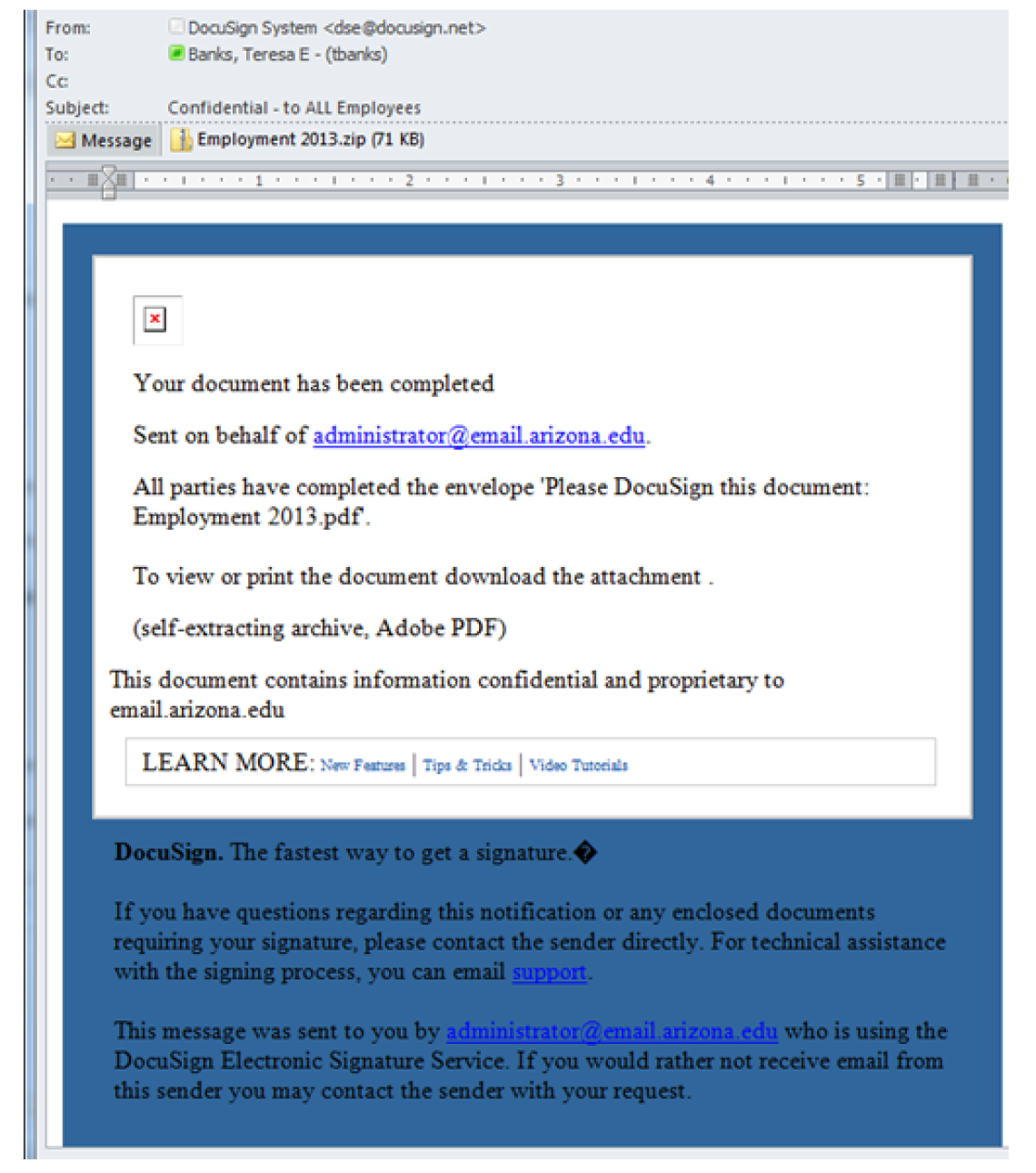 Phishing email example with attachment 