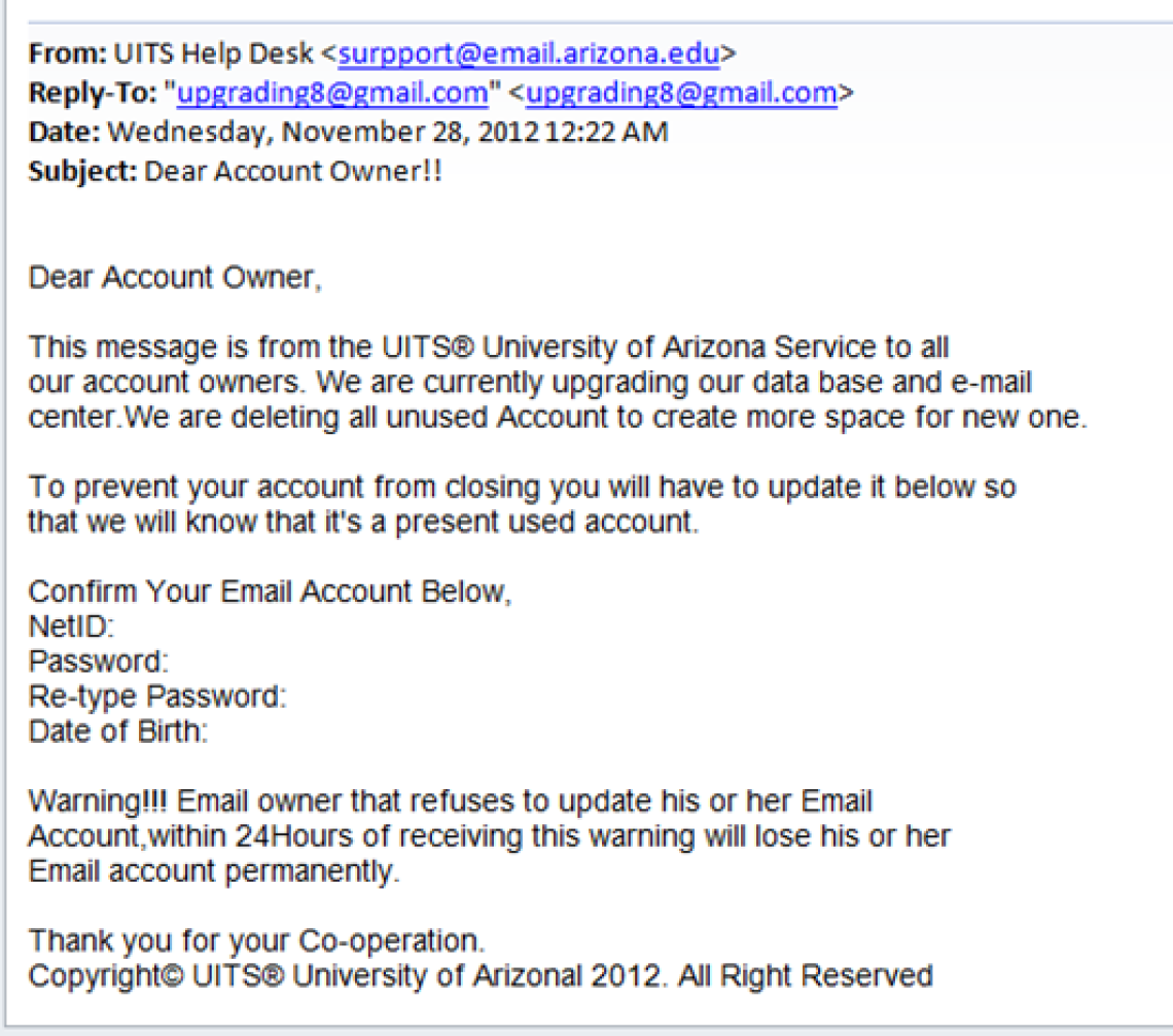 example of a phishing email requesting a response