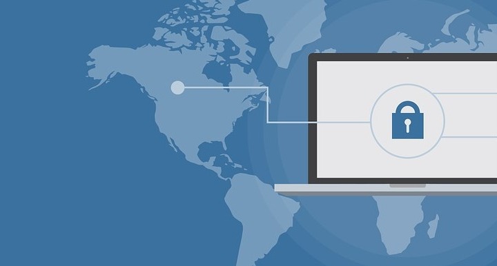 world map with laptop overhead with a lock within
